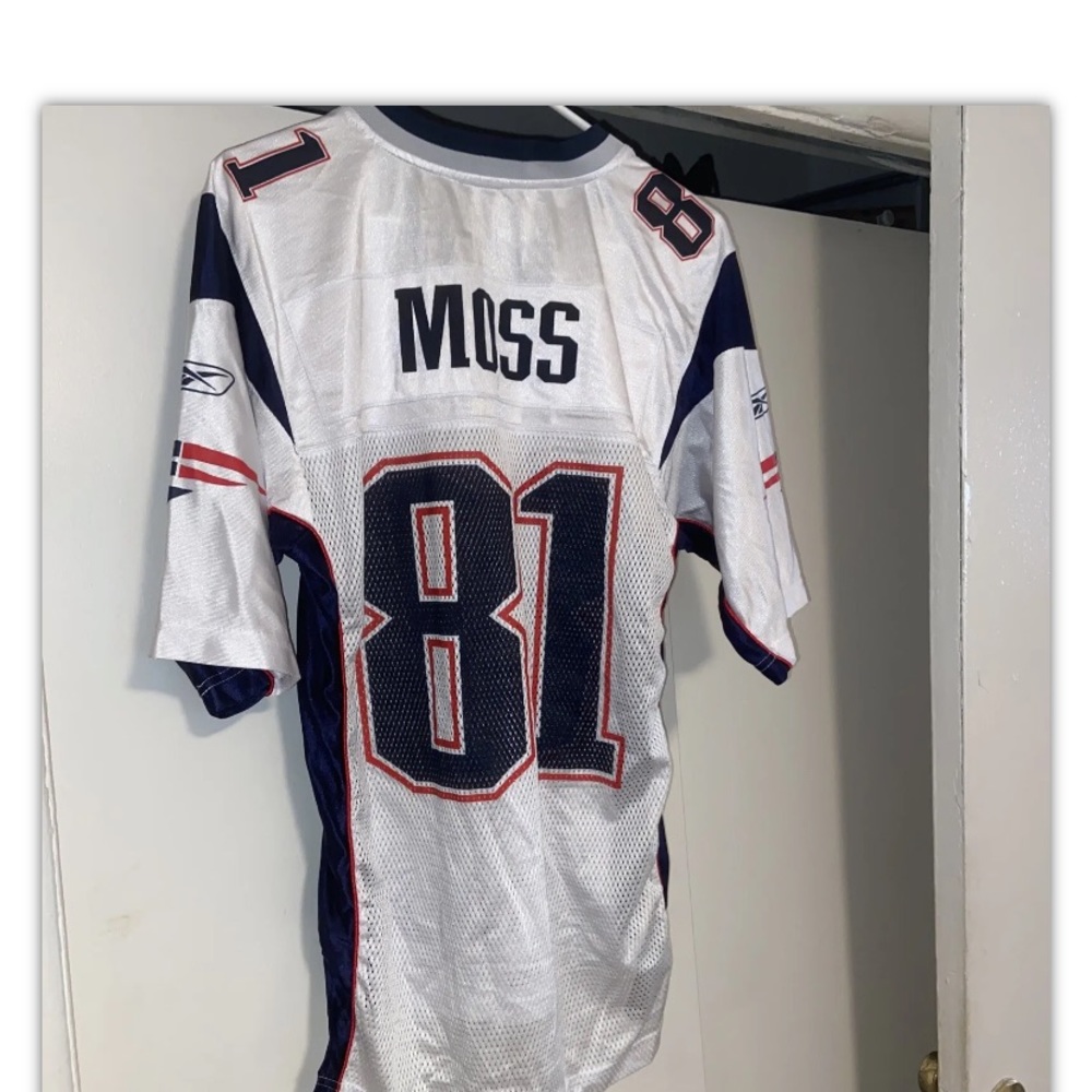 Randy Moss 81 Patriots Jersey, Men’s Small, Reebok, White w Blue & Red
